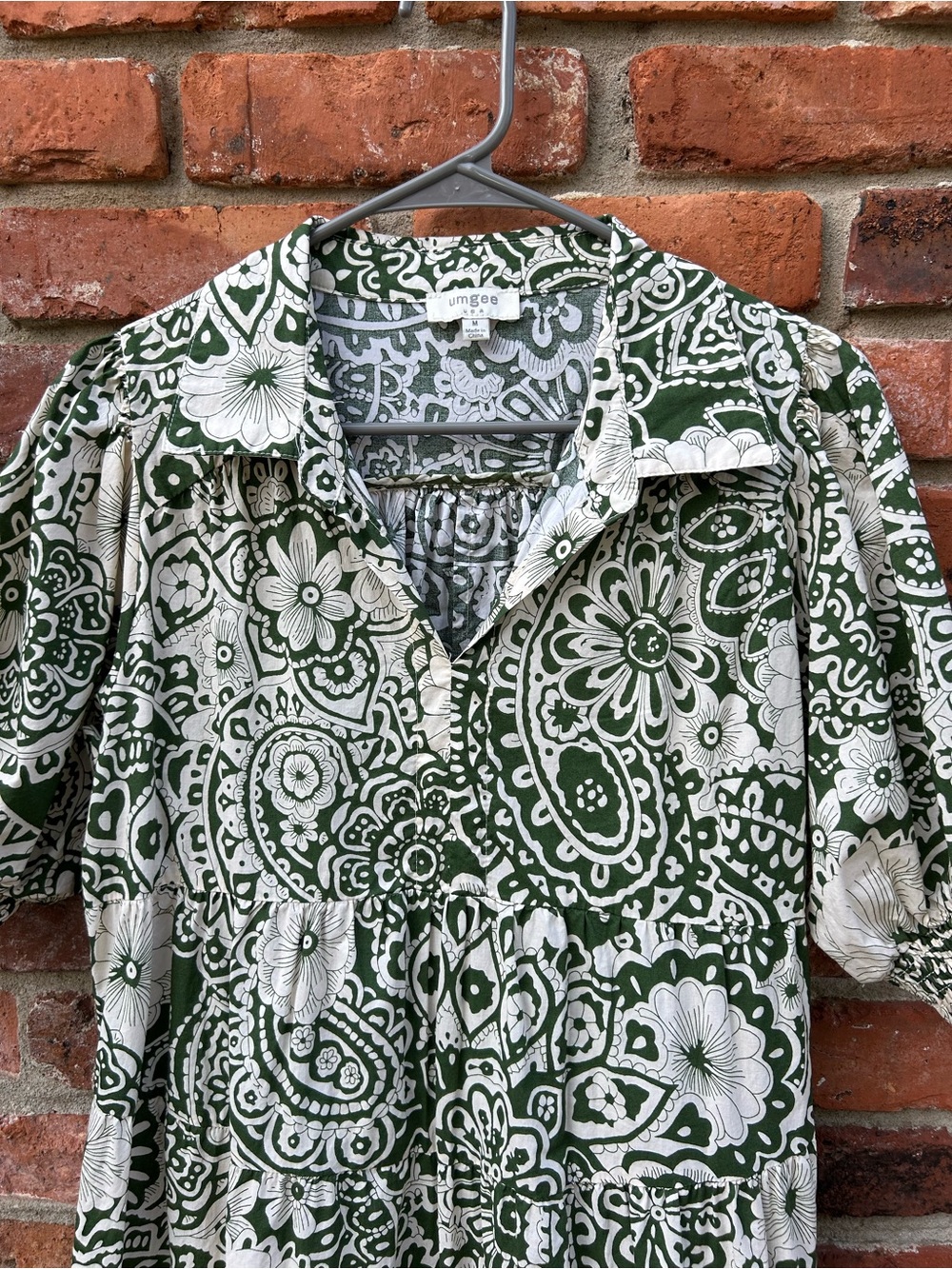 Umgee Green White Floral Midi Dress M 100% Cotton Collared - Picture 5 of 7